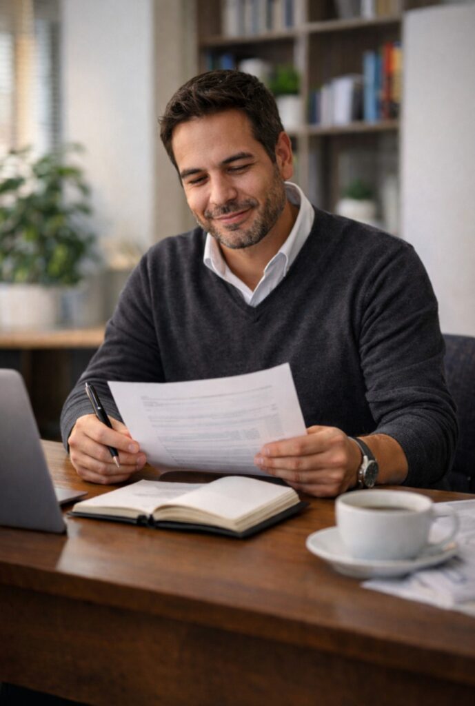 A calm and focused business owner reviewing a single document or writing in a notebook. The desk should be clean and organized, with natural lighting.
