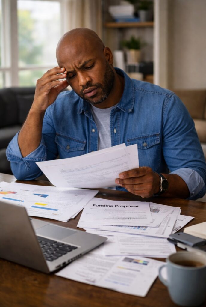 A realistic business owner reviewing multiple documents at a desk. The person should look slightly confused or unsure. Include a laptop and scattered paperwork to reflect multiple options or offers.
