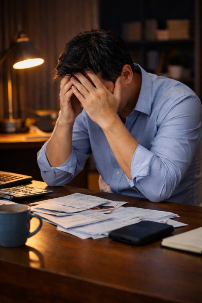 A business owner sitting at a desk with paperwork, looking stressed or overwhelmed. Lighting can be slightly dim or evening to reflect pressure. The scene should feel real, not overly dramatic.
